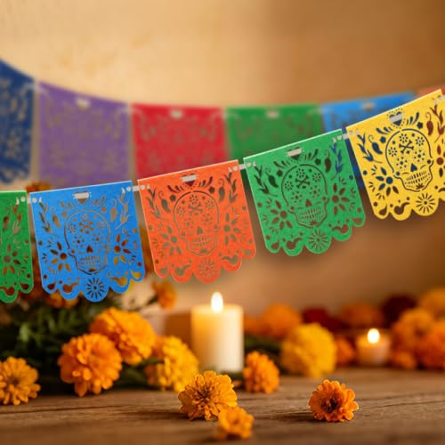 Dia De Los Muertos Decorations 4 Pack Felt Papel Picado Banners - Colorful 40 Feet