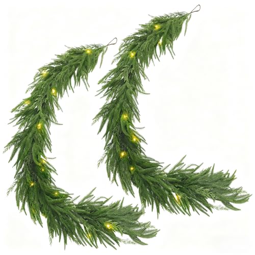 Artificial Norfolk Pine Garland with Warm LED Lights, 6 Pack Indoor Outdoor Decor