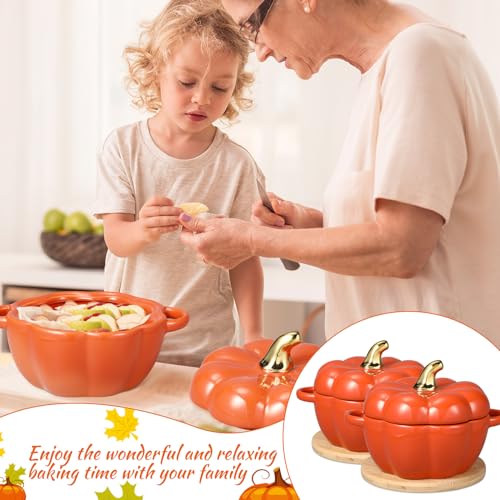 Set of 2 Ceramic Pumpkin Bowls with Lids and Insulation Pads - Orange, 15 oz Fall Decor