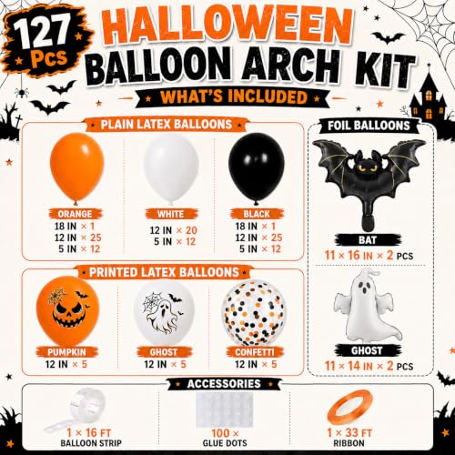 Halloween Balloon Arch Kit Ghost & Bat Foil Balloons 127 Pieces Orange Black White Variation