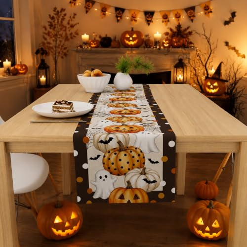 Halloween Ghost Pumpkin Table Runner - Orange White Brown Holiday Decor