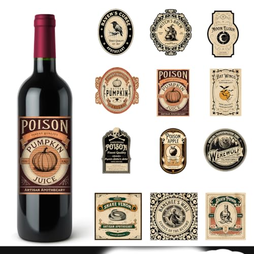 48-Pack Halloween Gothic Wine Bottle Labels - Spooky Party Decoration