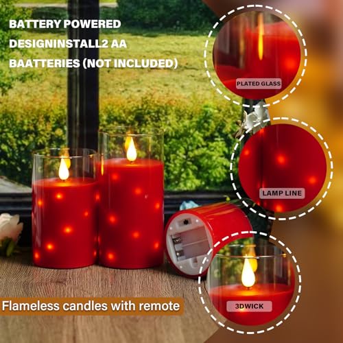 Nimiko Red Flameless Candles Set of 3 Glass Wax LED Candle with Flickering Flame