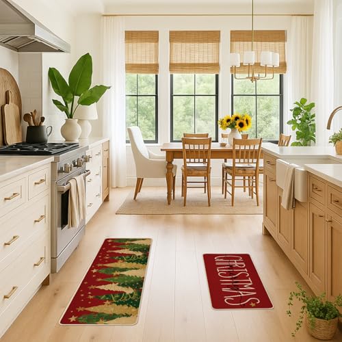 Christmas Kitchen Mats Set of 2 - 17x29 & 17x47 Inches Holiday Decor, Red Variation
