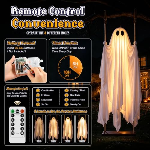 Outdoor Hanging Ghost Decor - 4.3FT Spooky Swing Ghost with LED Lights