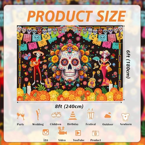 Day of the Dead Backdrop Vinyl Sugar Skull Floral Mexican Fiesta Photography Background 8x6FT - Variation of THIS listing