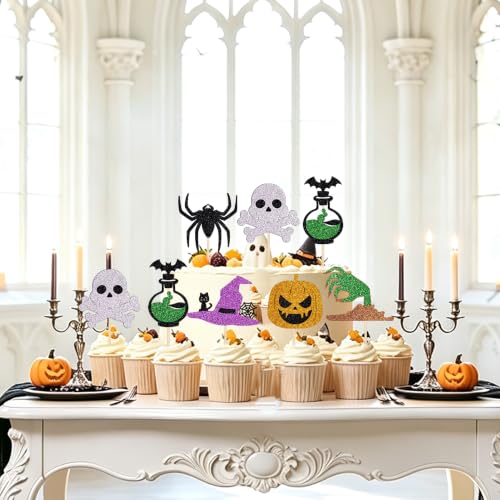 Black 24 Pcs Halloween Cupcake Toppers - Pumpkin & Ghost Party Decorations
