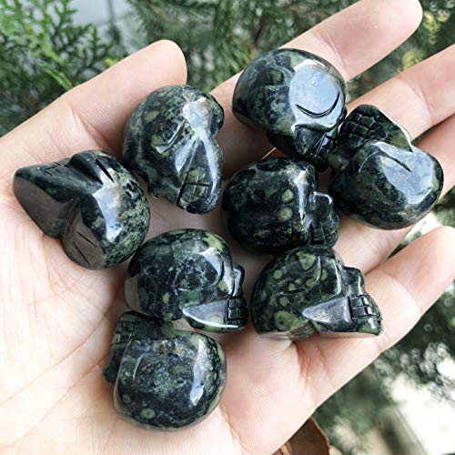 Mini Human Skull Figurine in Green Kambaba Jasper - Hand Carved Crystal Skull Statue, Halloween Decor & Healing Stone
