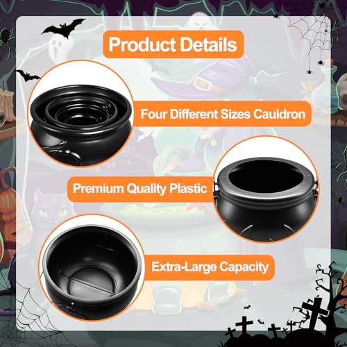 Halloween Cauldron Set 12, 10, 8, 6 Inch Plastic Black Candy Bowls Party Decor