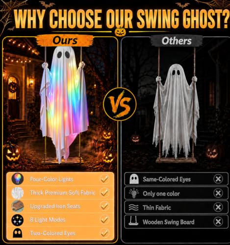 Large Outdoor Hanging Ghost Decoration - 5.5Ft Swing Ghost with Rainbow Lights