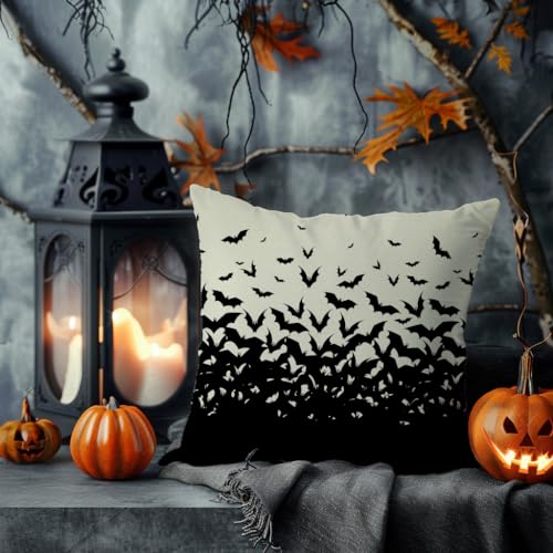 Halloween Bat Pillow Covers Set of 2 - Black & White 18x18 Spooky Decor - Variation of THIS listing