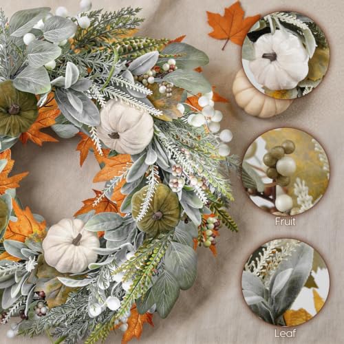 22 Inch Fall Eucalyptus Wreath with Pumpkins Berries and Maple Leaves for Front Door Indoor Outdoor Halloween Thanksgiving Decor