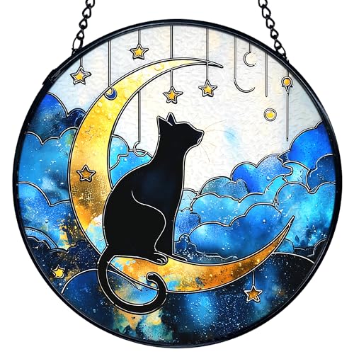 Black Cat on Moon Stained Glass Window Hanging - Celestial Sun Catcher, 7.9 Inches