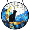 Black Cat on Moon Stained Glass Window Hanging - Celestial Sun Catcher, 7.9 Inches