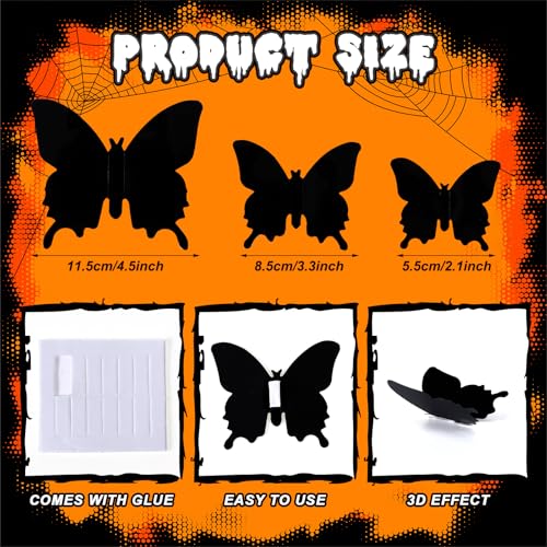Halloween 3D Black Butterfly Wall Stickers Set - 300 Pieces, Multiple Sizes