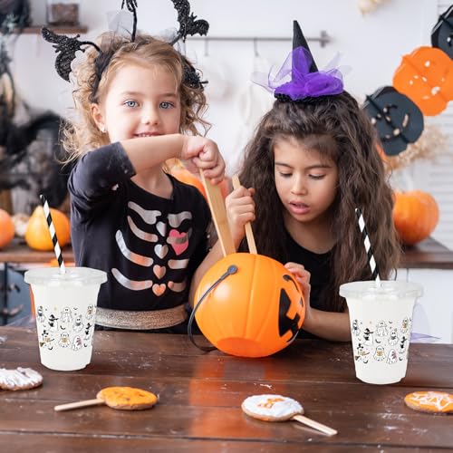 Ghost Reading Halloween Disposable Plastic Cups with Lids & Straws - 50 Pcs