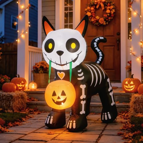 5FT Halloween Skeleton Black Cat Inflatable Outdoor Decoration - Glowing Jack-o'-lantern