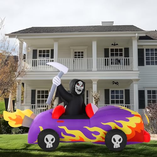 8ft Halloween Inflatable Grim Reaper Driving Car Outdoor Decoration with LED Lights