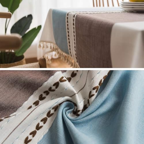 Rectangular Cotton Linen Tablecloth 55x118 Inches - Striped Waterproof Rustic Dining Cover - Coffee Blue