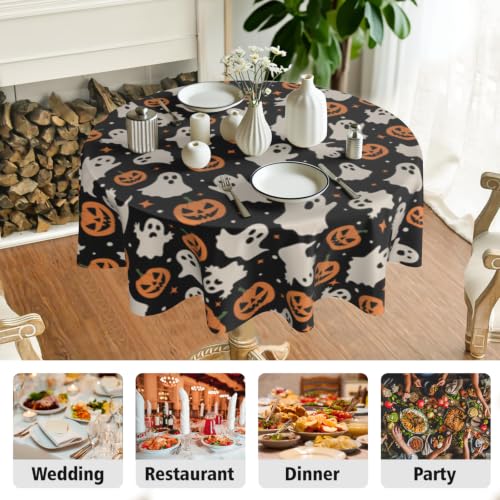Halloween Ghost & Pumpkin Round Tablecloth 60 Inch Black Spooky Fall Decor - Variation of THIS listing
