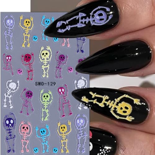 Halloween Nail Stickers - 10 Sheets Colorful Skeleton Pumpkin 5D Embossed Decals for Nail Art