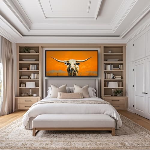 Western Longhorn Steer Wall Art - Framed Canvas Painting for Living Room & Bedroom - 60L x 30W