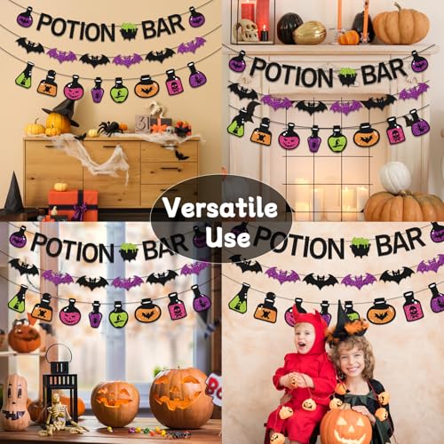 Halloween Potion Bar Banner with Glitter Potion Bottle Signs and Bat Decorations
