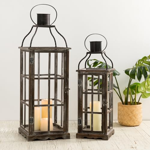 Black Farmhouse Wooden Candle Lanterns Set of 2 - 25 & 18.75 Inches, No Glass