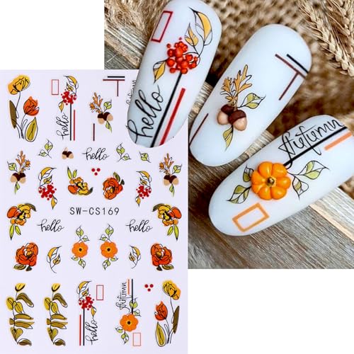 Fall Nail Stickers 6 Sheets Thanksgiving Nail Art Decals Pumpkin Maple Leaves Style 1
