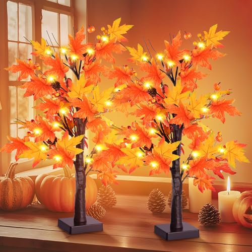 2 Pack 24-Inch Lighted Artificial Maple Trees with LEDs for Fall & Thanksgiving Decor