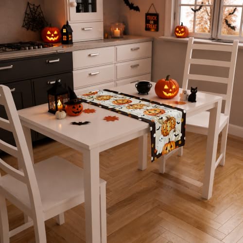 Halloween Ghost Pumpkin Table Runner - Orange White Brown Holiday Decor