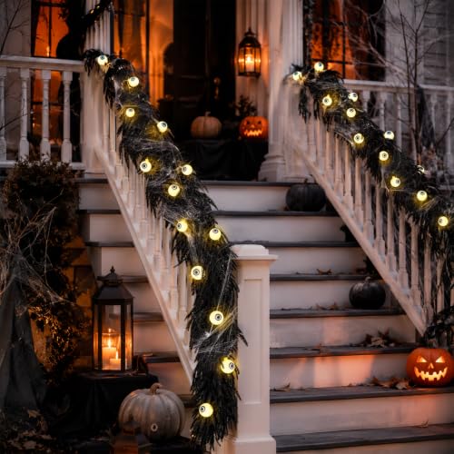 Black Halloween Garland with Eyeball String Lights - 9FT Spider Decoration