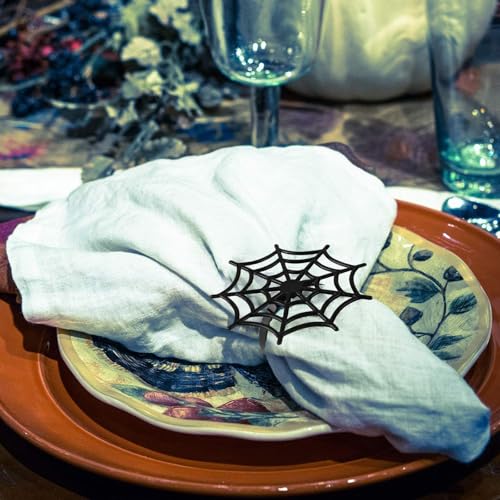 Halloween Black Spider Web Napkin Rings Set of 6 - Metal Table Decor
