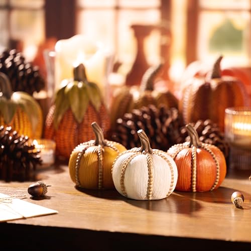Set of 3 Fall Pumpkin Decor - Resin Autumn Centerpieces for Home, Thanksgiving & Halloween