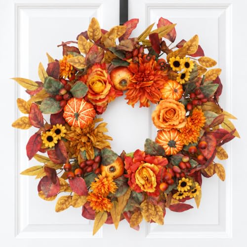 24 Inch Fall Front Door Wreath with Pumpkins & Dahlias - Autumn Decor