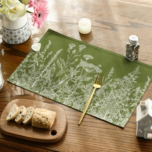 Spring Placemats Set of 4 - 12x18 Inch Green Herb & Flower Table Mats