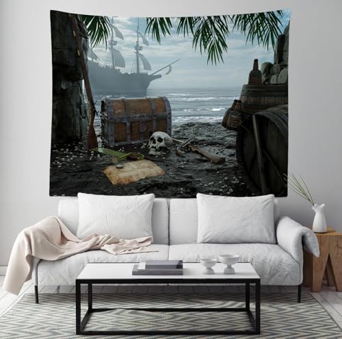 Pirate Ship Tapestry Wall Hanging for Nautical Decor 92x70 Inches - Caribbean Treasure Island Scene - Kids Bedroom & Home Decor - Variation T1-A16619