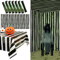 Halloween Worm Theme Black and White Striped Tablecloth Set - 6 Disposable Plastic Covers for Spooky Party Decor