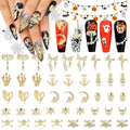 Halloween Nail Charms Set - 70 Gold 3D Skeleton Skull Cross Spiders Spikes
