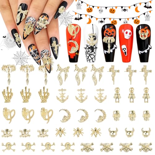 Halloween Nail Charms Set - 70 Gold 3D Skeleton Skull Cross Spiders Spikes