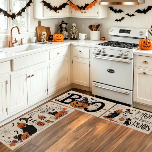 Halloween Pumpkin Ghost Kitchen Rugs Set with 3 Sizes - Festive Carpet Decor, Variation: Pumpkin Ghost Witch