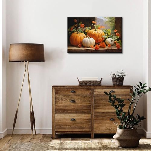 Pumpkin Canvas Wall Art - Fall Autumn Decor with Maple Leaf - 24x16 Inch Pumpkin