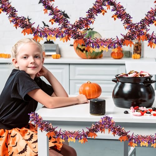 Purple Halloween Tinsel Garland 33ft Glitter Maple Decor for Home & Party