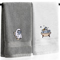 Halloween Hand Towels Set of 2 – Ghost Embroidered Cotton Bathroom and Kitchen Decor – Gray and White, Medium Variation