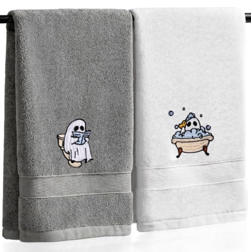 Halloween Hand Towels Set of 2 – Ghost Embroidered Cotton Bathroom and Kitchen Decor – Gray and White, Medium Variation