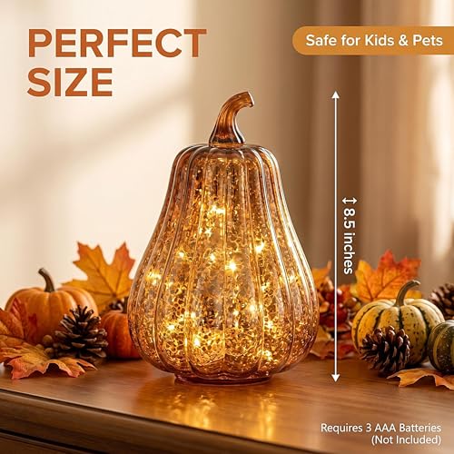 Mercury Glass Pumpkin Lights with Timer - Fall Home Decor - Coffee