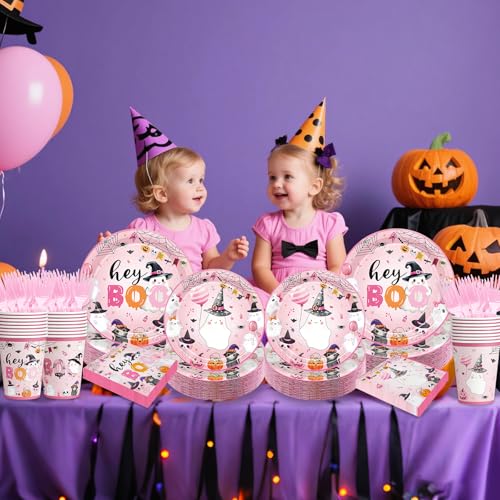 Pink Halloween Ghost Plates and Party Supplies Set for Girls Night & Birthday