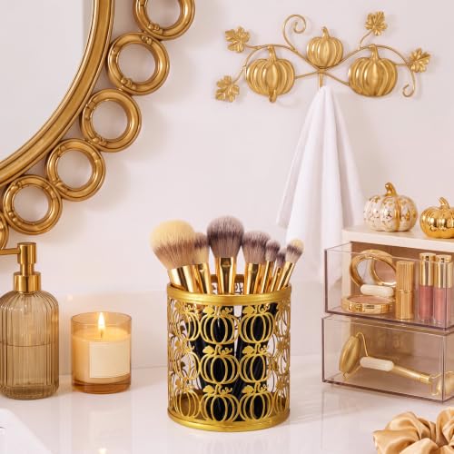 Golden Pumpkin Metal Pen & Makeup Brush Holder - Fall Desk Organizer