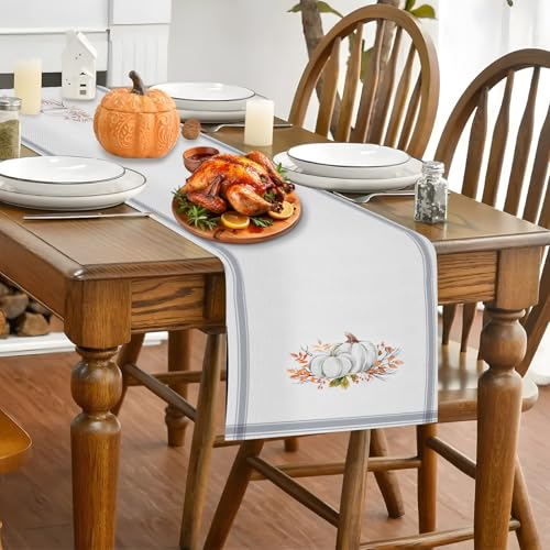 Fall Cotton Linen Table Runner with Pumpkins & Leaves - White-1