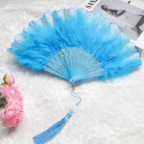 Foldable Feather Fan with Embroidered Flowers - Light Blue 1920s Style Handheld Fan for Costume & Wedding